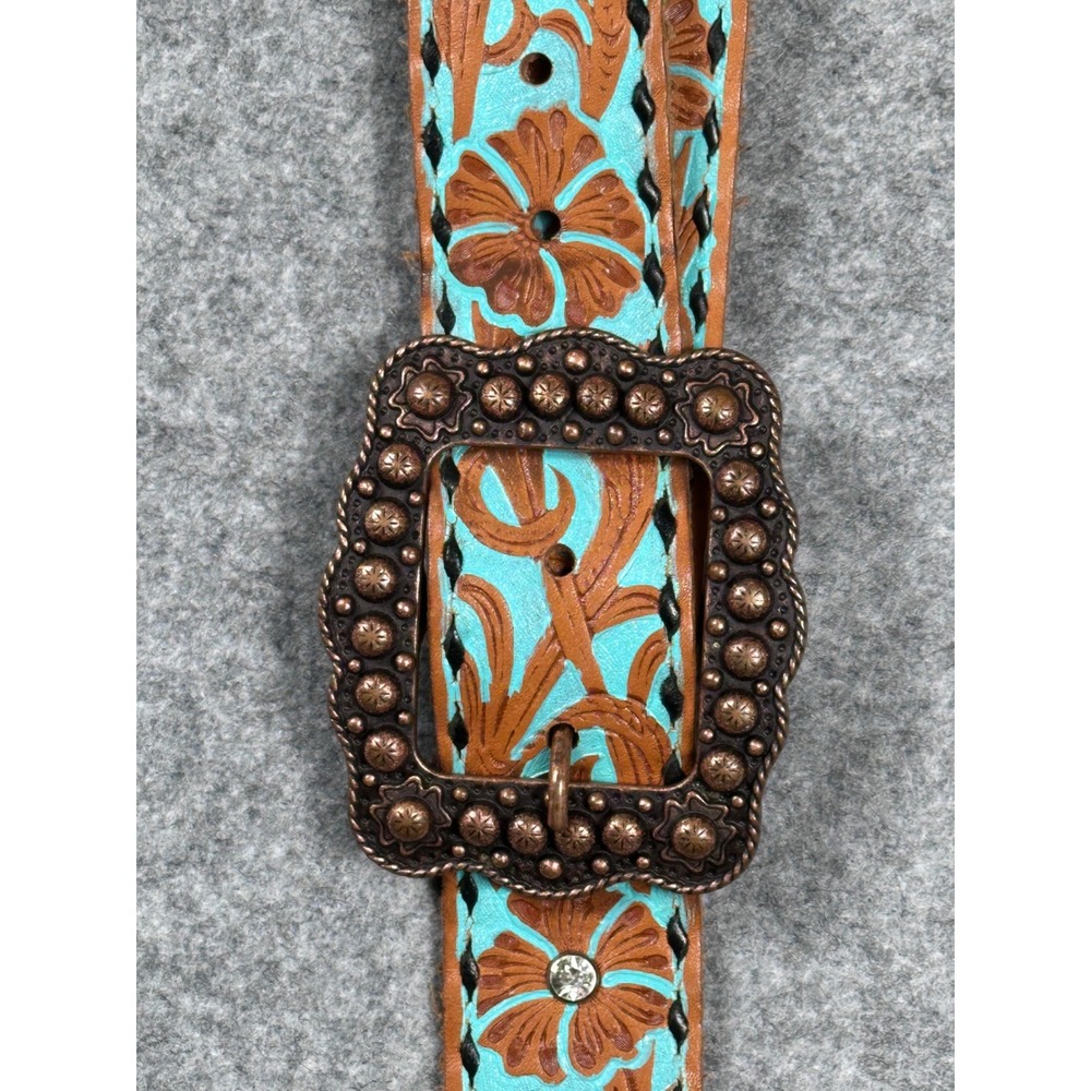 Western Turquoise Floral Embossed Purse Belt Leather Rhinestone Made in USA